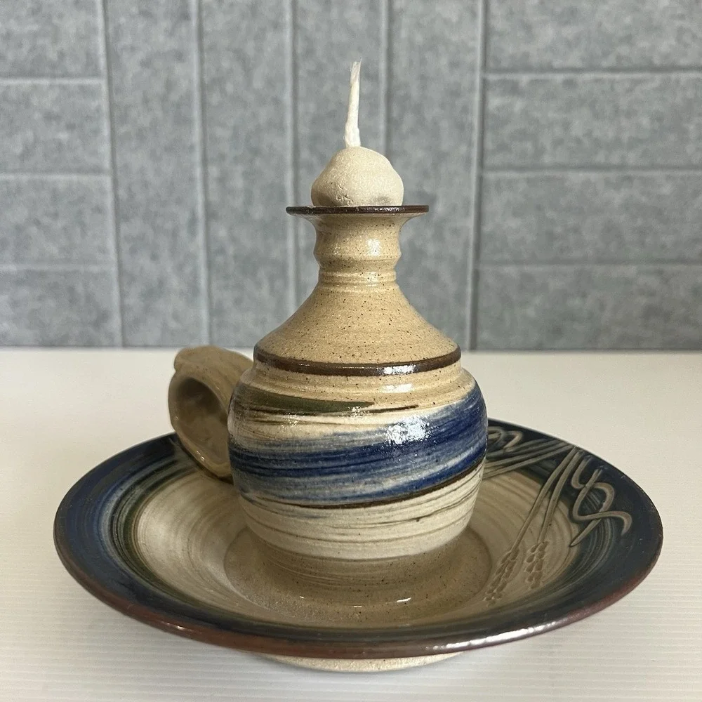 Vintage Studio Art Pottery Oil Lamp With Wick & Ball Candle Holder Signed